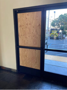 Glass door and board-up